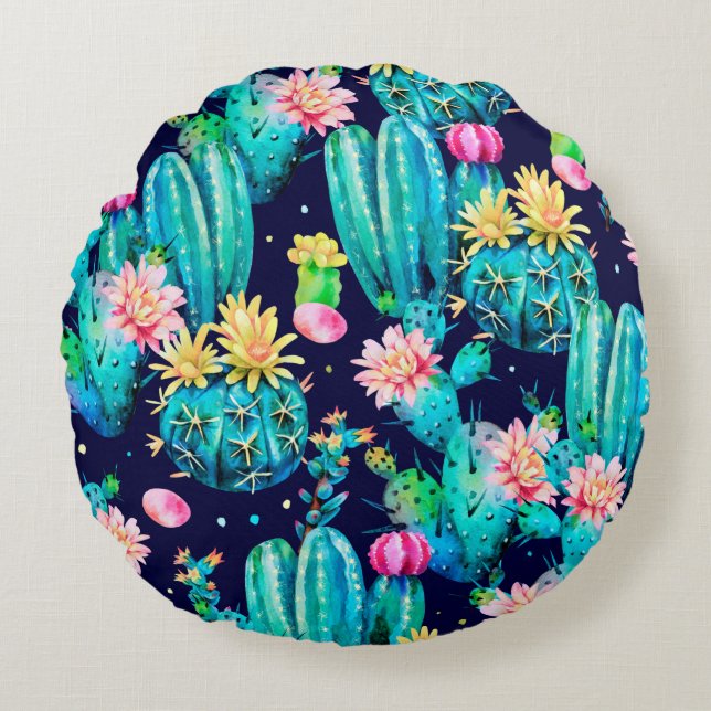 Watercolor seamless pattern. Flowering cacti on da Round Cushion (Front)