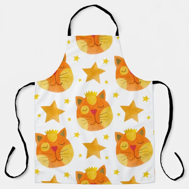 Watercolor seamless pattern of cat faces and stars apron (Front)