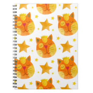 Watercolor seamless pattern of cat faces and stars notebook