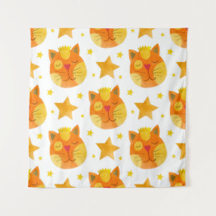 Watercolor seamless pattern of cat faces and stars tapestry