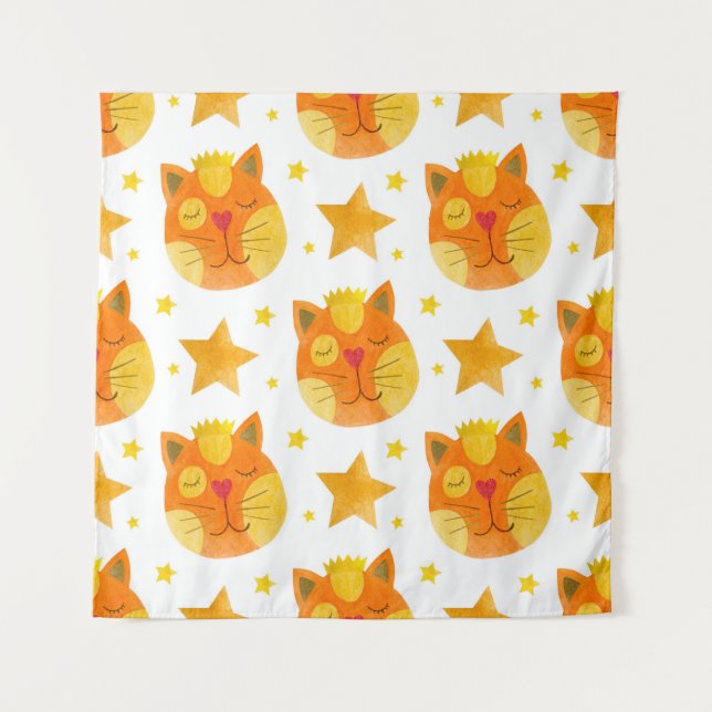 Watercolor seamless pattern of cat faces and stars tapestry (Front)