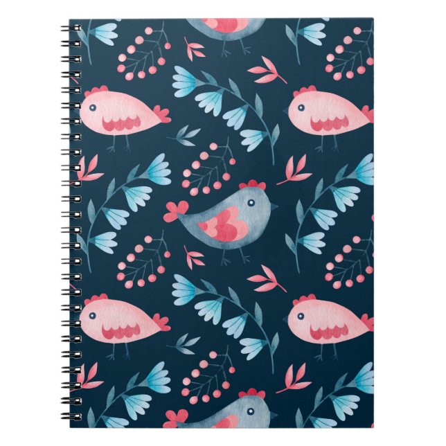 Watercolor seamless pattern of chickens flowers in notebook (Front)