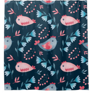 Watercolor seamless pattern of chickens flowers in shower curtain