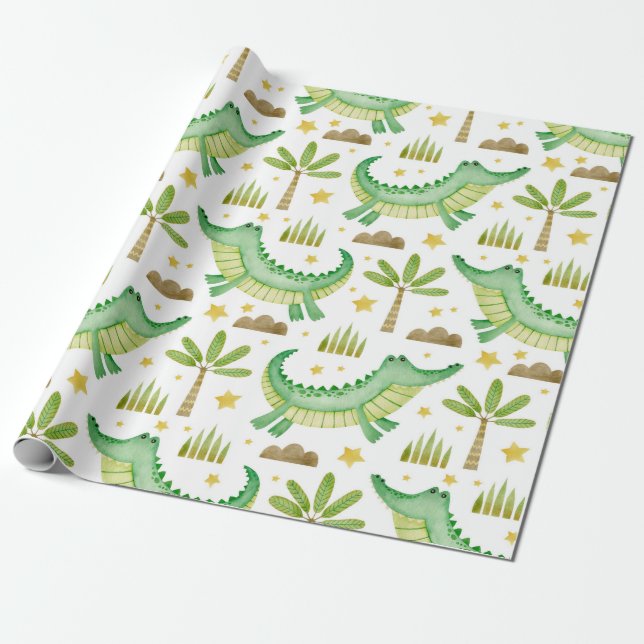 Watercolor seamless pattern of crocodile palm tree wrapping paper (Unrolled)