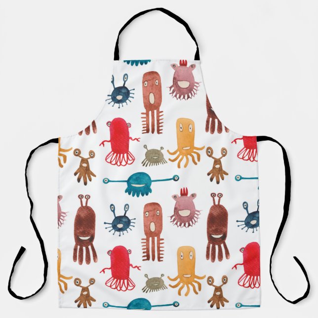 Watercolor seamless pattern of funny monsters and  apron (Front)