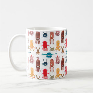 Watercolor seamless pattern of funny monsters and coffee mug
