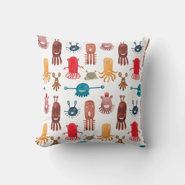 Watercolor seamless pattern of funny monsters and  cushion (Front)