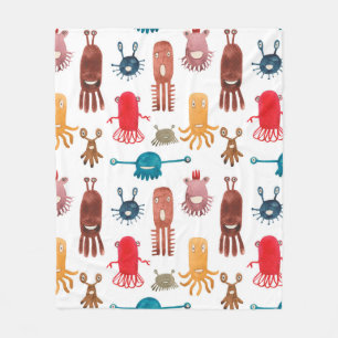 Watercolor seamless pattern of funny monsters and fleece blanket