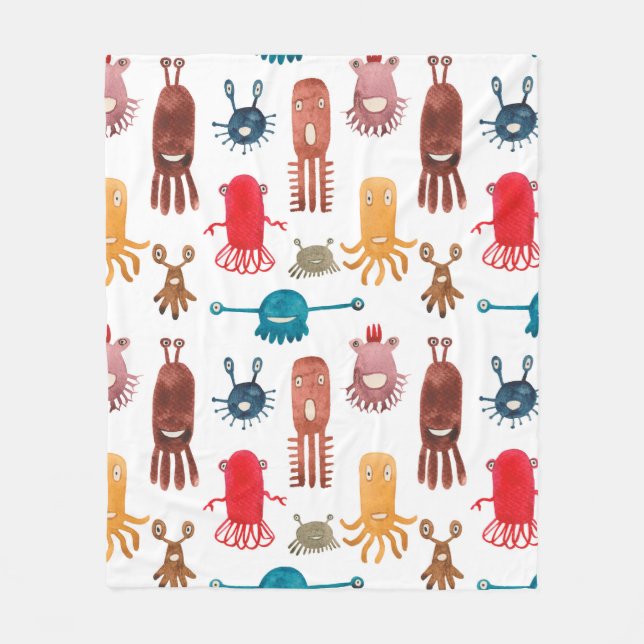 Watercolor seamless pattern of funny monsters and  fleece blanket (Front)