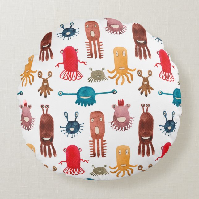 Watercolor seamless pattern of funny monsters and  round cushion (Front)