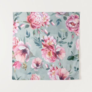 Watercolor seamless pattern of peony and blosom fl tapestry