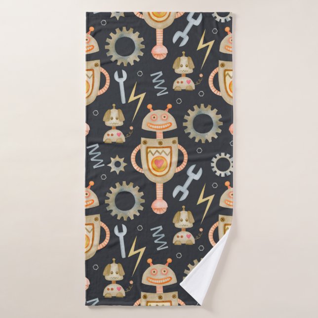 Watercolor seamless pattern robots bath towel (Bath Towel)
