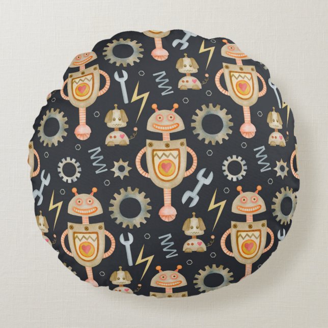 Watercolor seamless pattern robots round cushion (Front)
