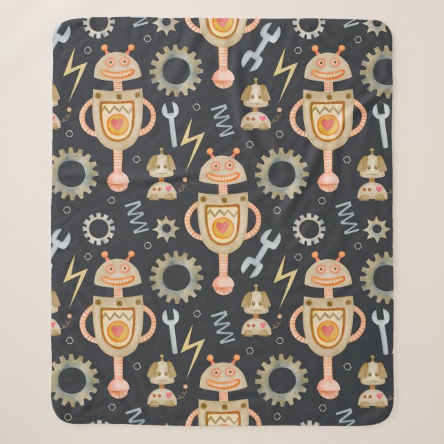 Watercolor seamless pattern robots sherpa blanket (Front)