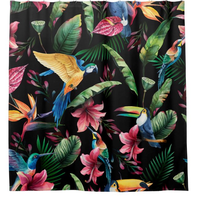 Watercolor seamless pattern, tropical birds, touca shower curtain (Front)