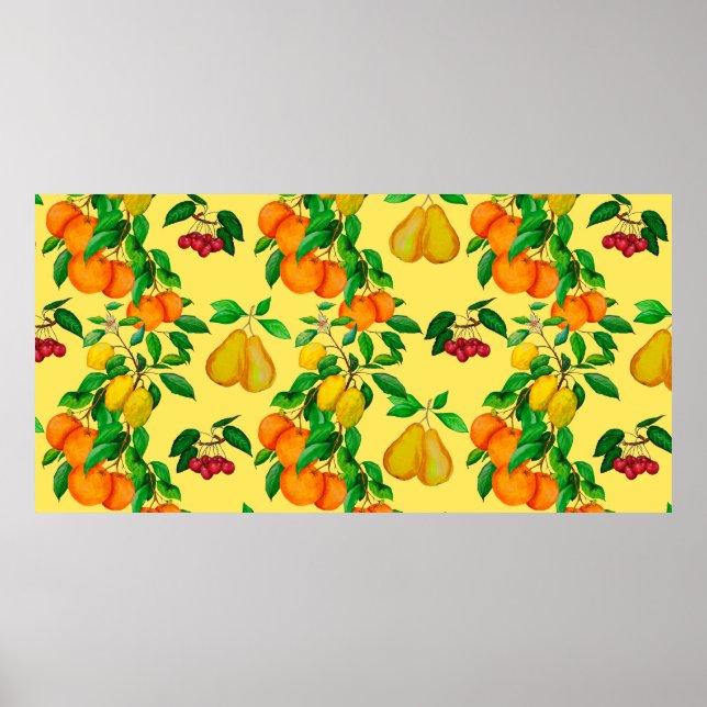 Watercolor seamless pattern with citrus, pear, che poster (Front)