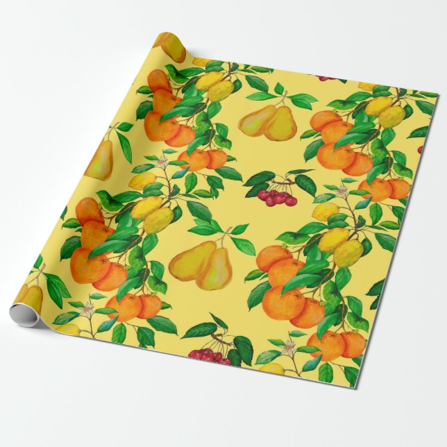 Watercolor seamless pattern with citrus, pear, che wrapping paper (Unrolled)