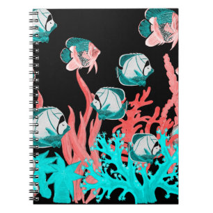 Watercolor seamless pattern with exotic fish on co notebook