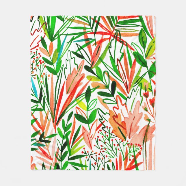 Watercolor seamless pattern with exotic leaves and fleece blanket (Front)