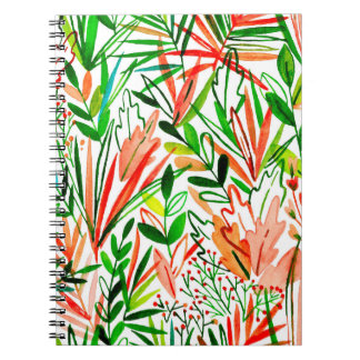 Watercolor seamless pattern with exotic leaves and notebook