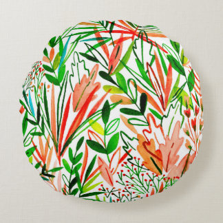 Watercolor seamless pattern with exotic leaves and round cushion