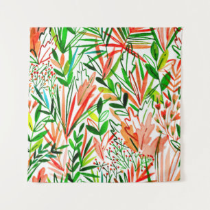 Watercolor seamless pattern with exotic leaves and tapestry