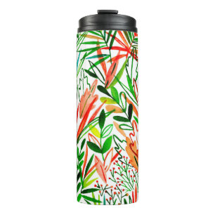 Watercolor seamless pattern with exotic leaves and thermal tumbler