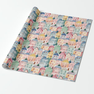 Watercolor seamless pattern with houses  wrapping paper