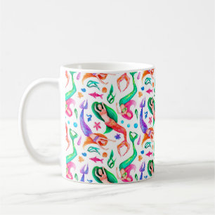 Watercolor seamless pattern with mermaids, seashel coffee mug