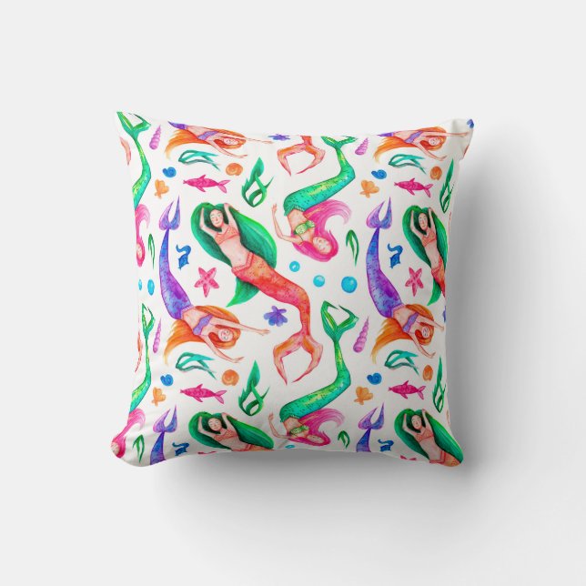 Watercolor seamless pattern with mermaids, seashel cushion (Front)