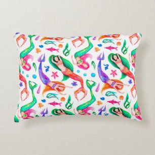 Watercolor seamless pattern with mermaids, seashel decorative cushion