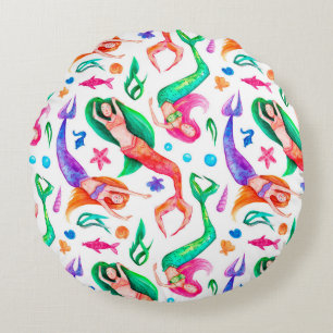 Watercolor seamless pattern with mermaids, seashel round cushion