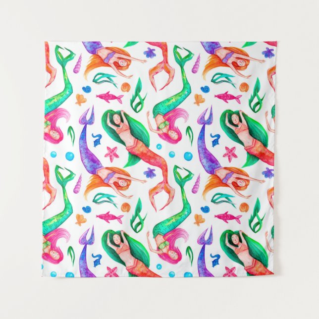 Watercolor seamless pattern with mermaids, seashel tapestry (Front)