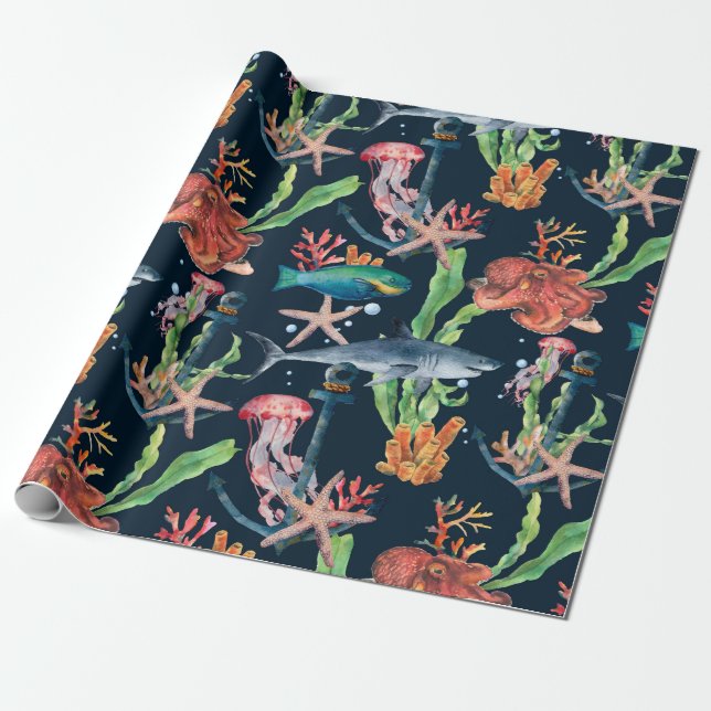 Watercolor seamless pattern with shark and laminar wrapping paper (Unrolled)