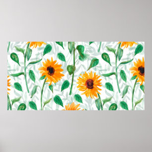 Watercolor seamless pattern with sunflowers poster