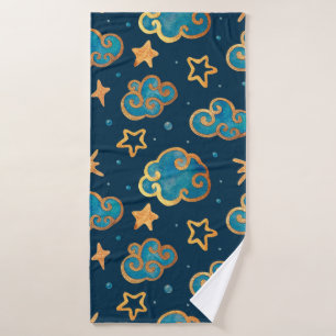 Watercolor seamless pattern with the moon, stars,  bath towel