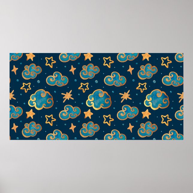 Watercolor seamless pattern with the moon, stars,  poster (Front)