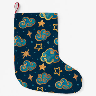 Watercolor seamless pattern with the moon, stars, small christmas stocking