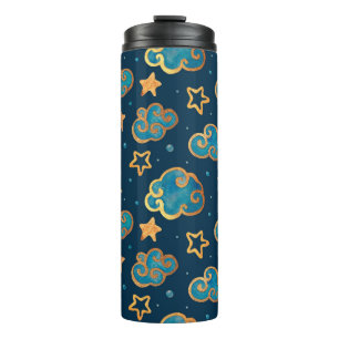 Watercolor seamless pattern with the moon, stars, thermal tumbler