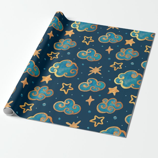 Watercolor seamless pattern with the moon, stars,  wrapping paper (Unrolled)