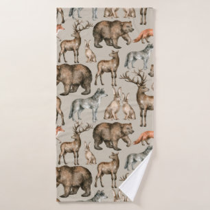 Watercolor seamless pattern with wild forest anima bath towel