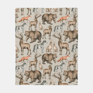 Watercolor seamless pattern with wild forest anima fleece blanket
