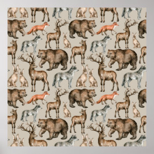 Watercolor seamless pattern with wild forest anima poster