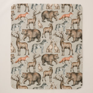 Watercolor seamless pattern with wild forest anima sherpa blanket