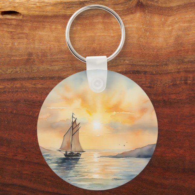 Watercolor Seascape Background  Key Ring (Back)