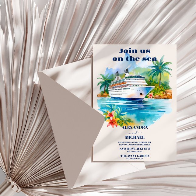 Watercolor Seascape Beach Cruise Palm Wedding Invitation (Creator Uploaded)