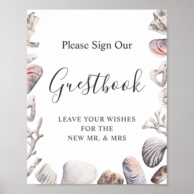 Watercolor Seashell Beach Wedding Guestbook Sign (Front)