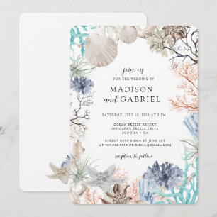 Watercolor Seashell Coral Starfish Wedding Invitation