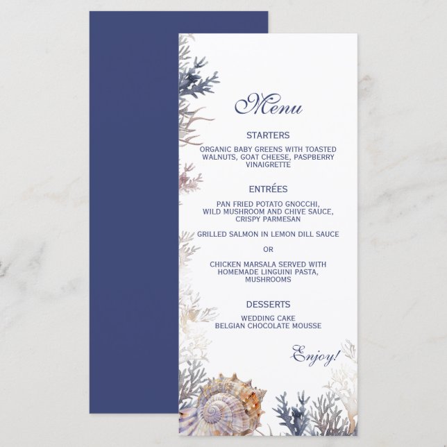 Watercolor Seashell Corals Beach Wedding  Menu (Front/Back)
