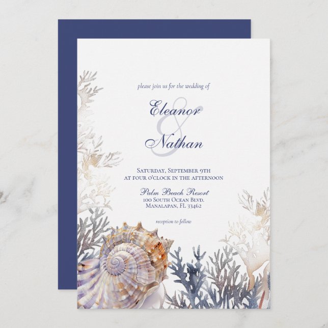 Watercolor Seashell Corals Wedding Invitation (Front/Back)